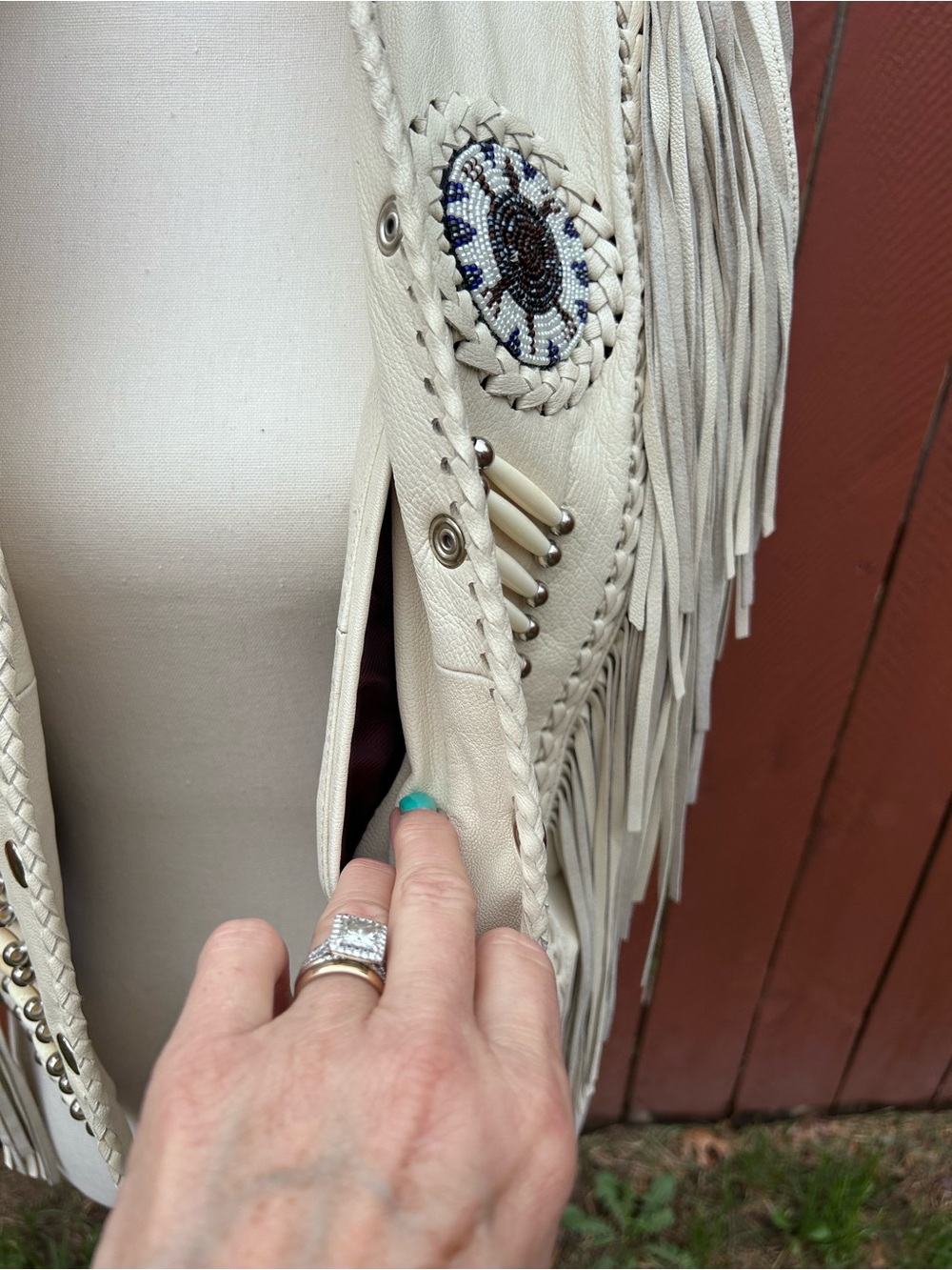 Ivory Fringe Leather Vest with Beaded Accents - Picture 5 of 8